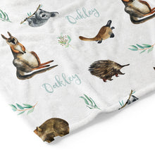 Load image into Gallery viewer, personalised baby name blanket swaddle gift baby shower boy kangaroo koala echidna wombat animals fast turnaround afterpay
